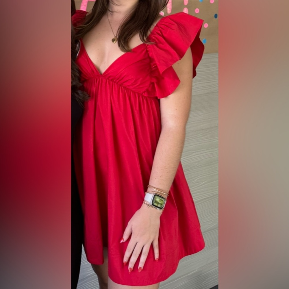 Red Ruffle Tie Back Poplin Dress in Red size small - Picture 2 of 4